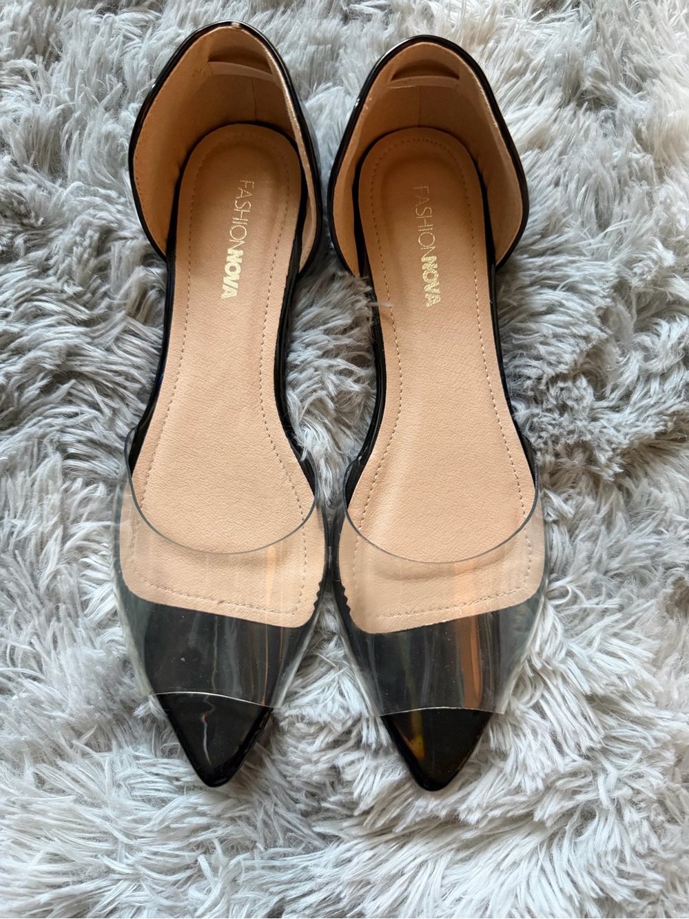 Fashion Nova Black and Clear Pointed Toe Flats